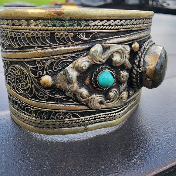 Handmade ornate chunky cuff bracelet turquoise brass silver one of a kind - Picture 3 of 9